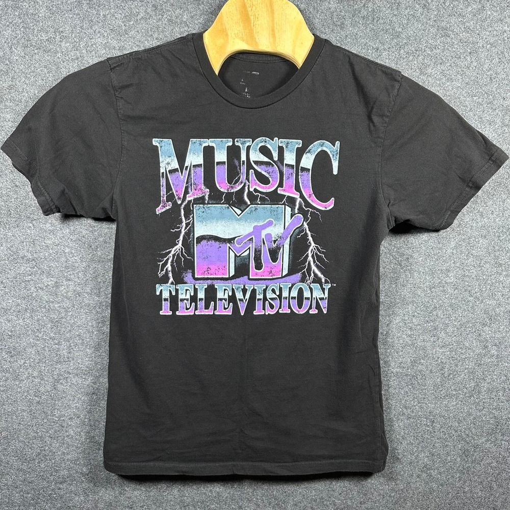 MTV Music Television Graphic T-Shirt Mens Medium Black Retro Lightning Logo Tee